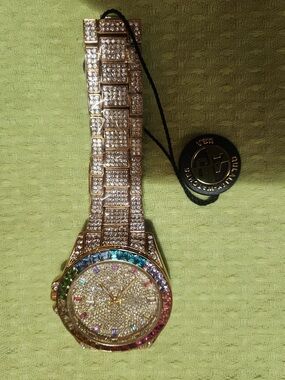 Gold-Tone Crystal Tennis Watch with Rainbow Bezel